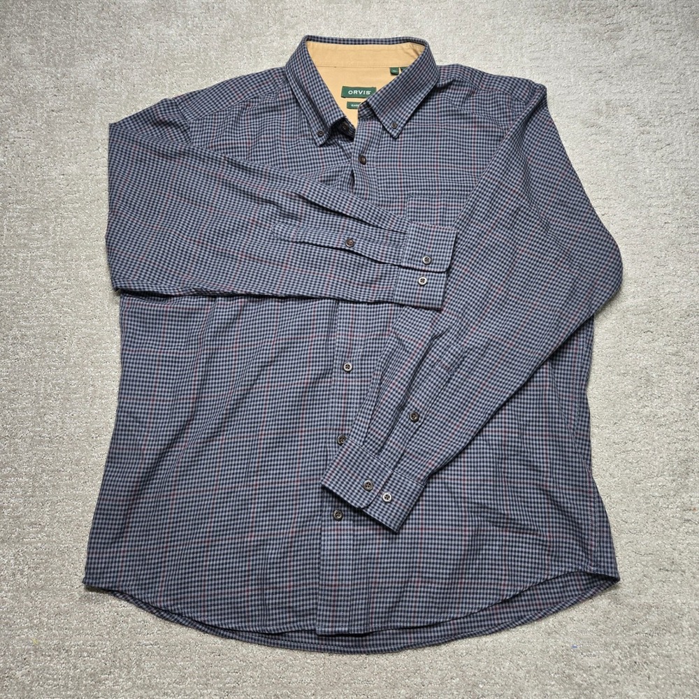 Orvis Mens XL Classic Fit Button Down Shirt Blue Plaid Houndstooth 100% Cotton